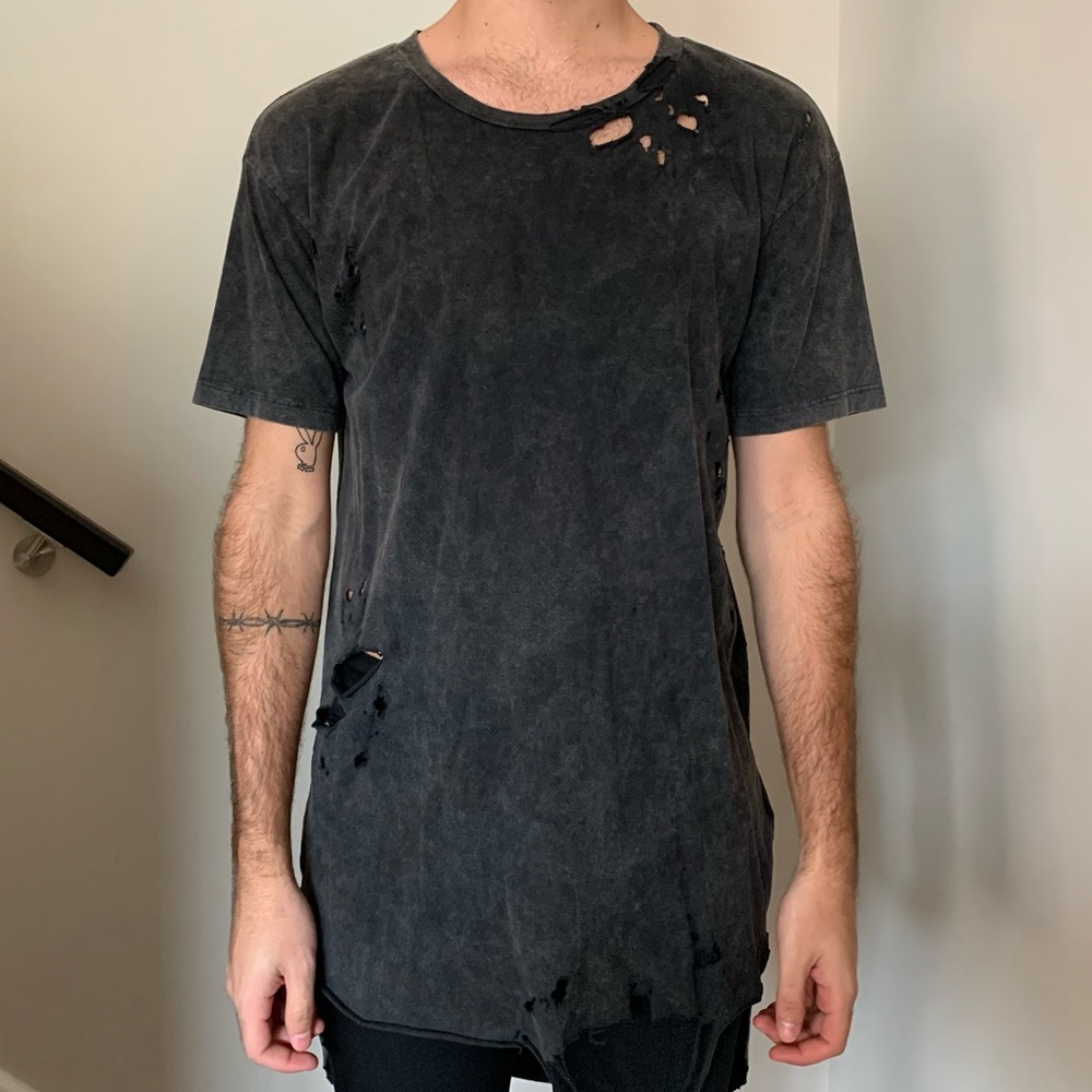 H&M Longline Drop Hem Distressed T-Shirt Grey/Gray